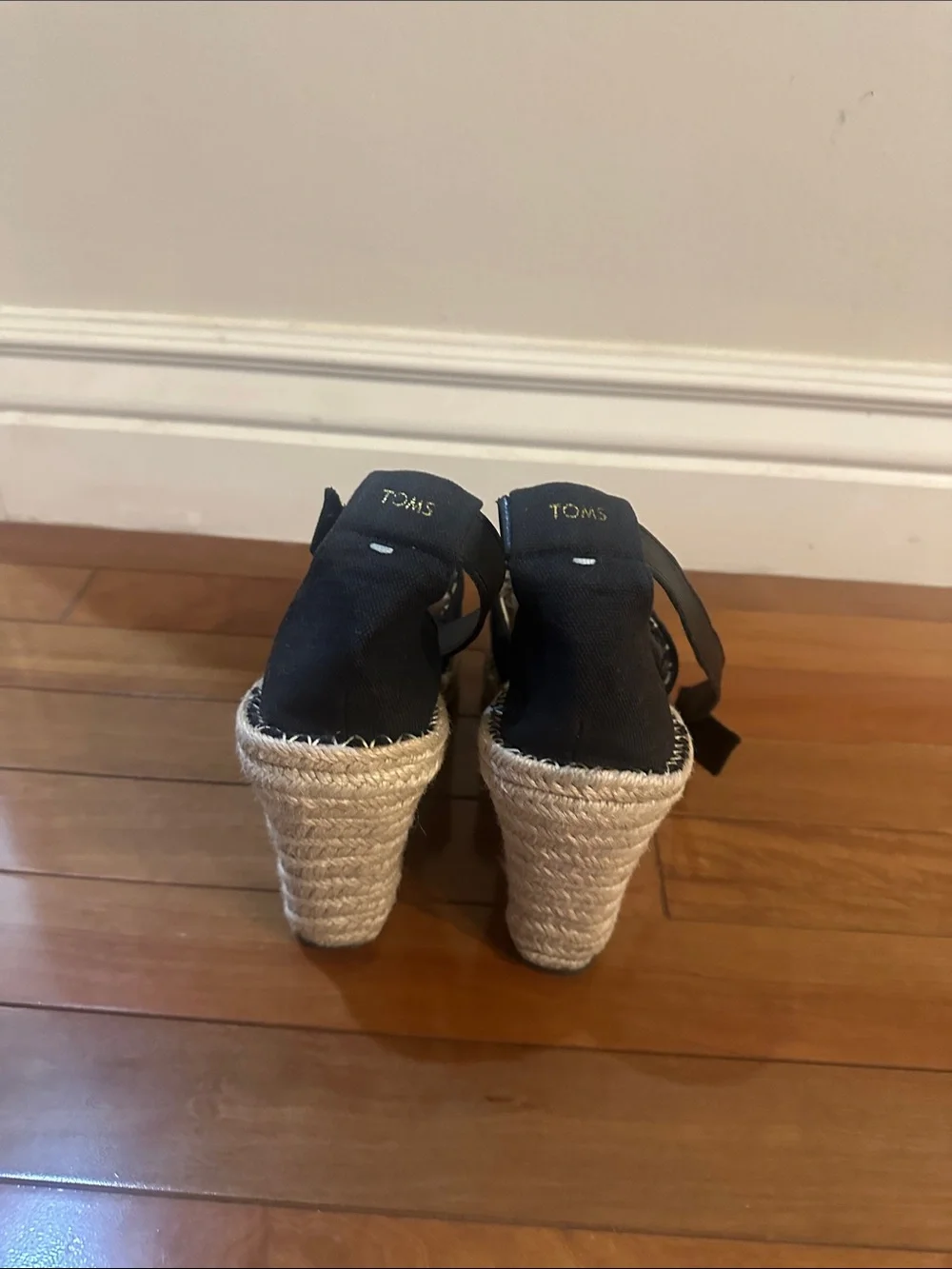 Toms Black Canvas Espadrille Wedge Sandals with Ankle Tie